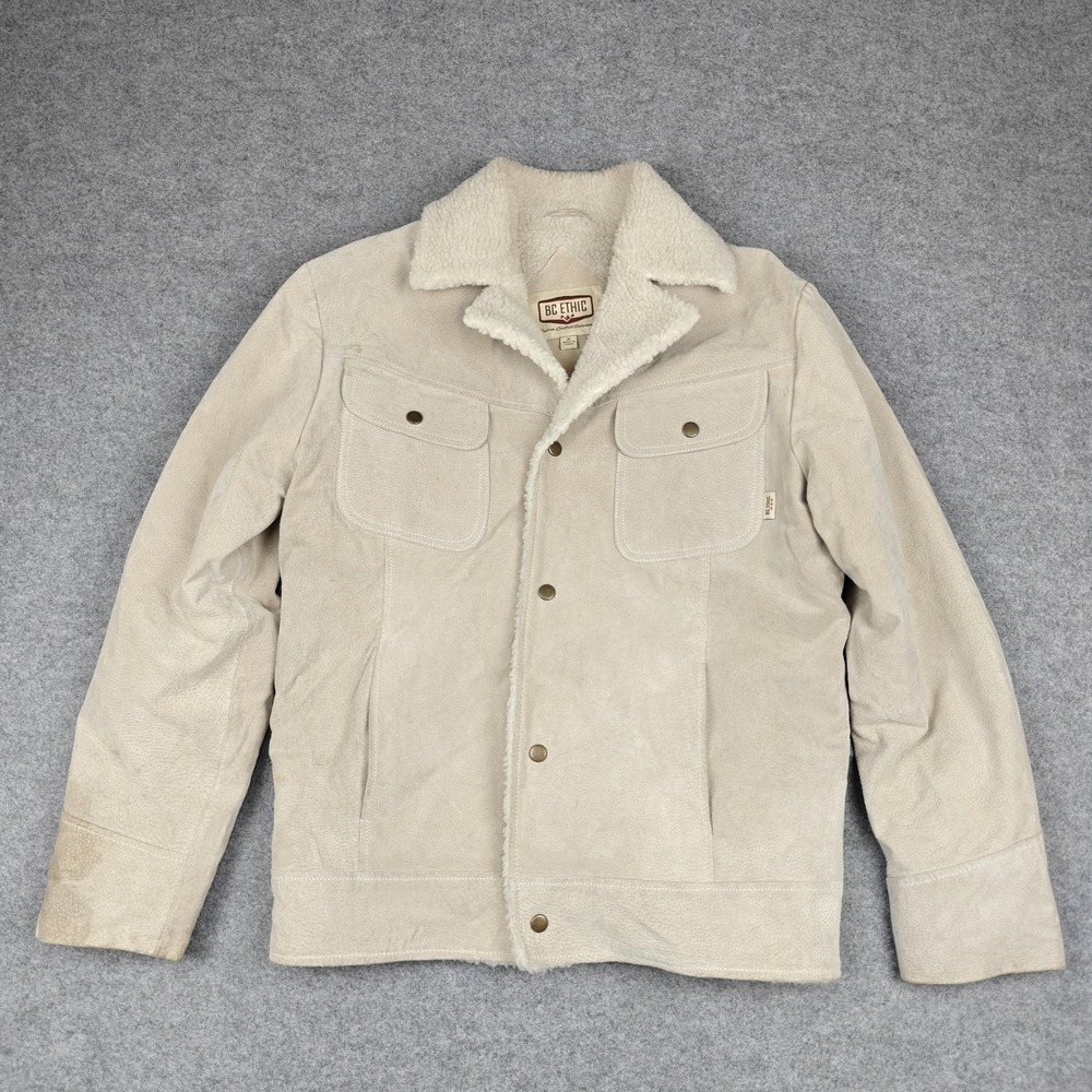 BC‎ Ethic Jacket Mens Medium Beige Leather Bomber Sherpa Lined Western Snap